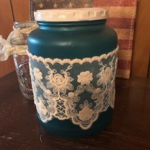 Shabby Chic Aqua Blue & White Lace Glass Jar/Vase